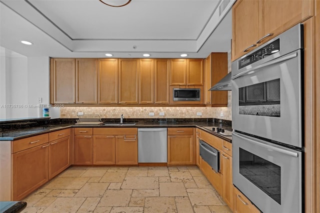 kitchen featuring sink, a tray ceiling, decorative backsplash, and appliances with stainless steel finishes