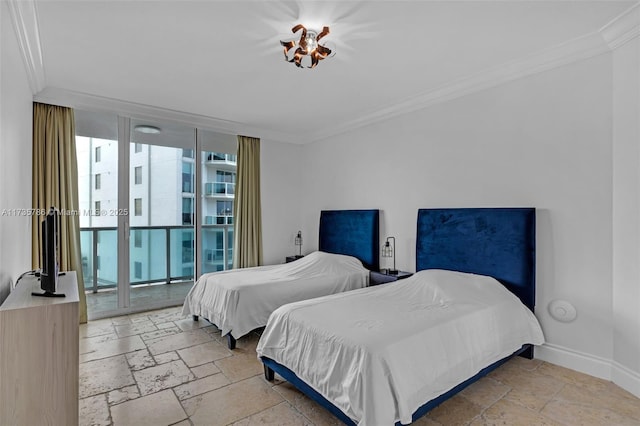 bedroom with a wall of windows, ornamental molding, and access to outside