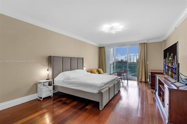 bedroom featuring expansive windows, ornamental molding, dark wood-type flooring, and access to exterior