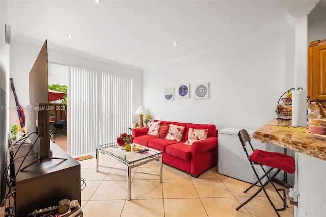 living room with crown molding and light tile patterned floors