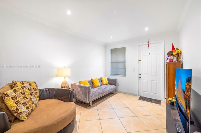 living room featuring light tile patterned floors and crown molding