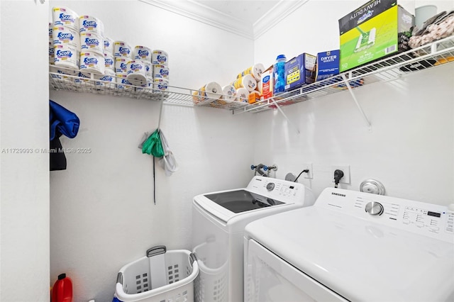 laundry room featuring ornamental molding and independent washer and dryer