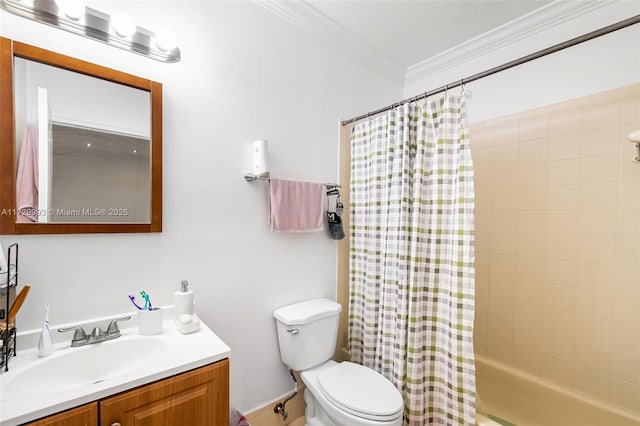 full bathroom with vanity, shower / tub combo, ornamental molding, and toilet