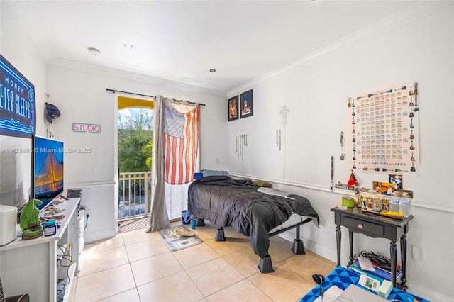 bedroom featuring crown molding, light tile patterned floors, and access to exterior