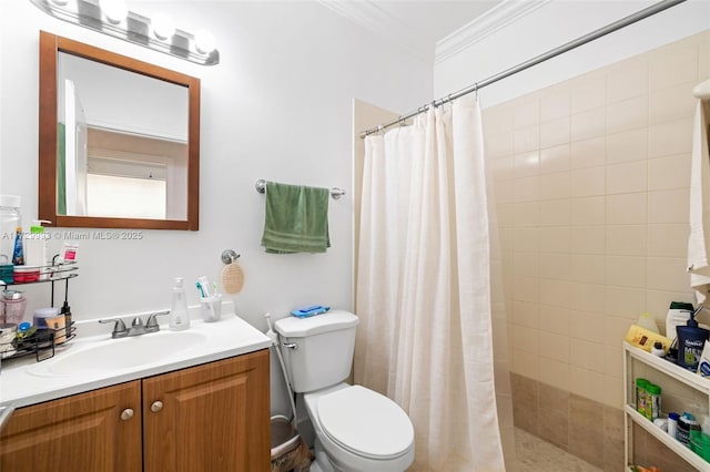 bathroom featuring crown molding, toilet, vanity, and a shower with shower curtain