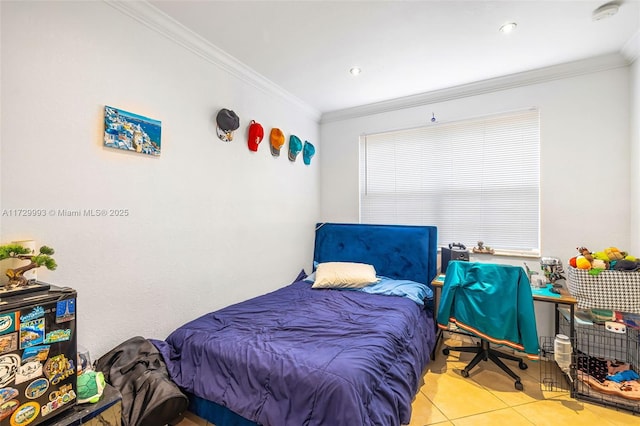 bedroom featuring light tile patterned floors and crown molding