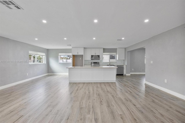 kitchen featuring sink, white cabinets, a center island, stainless steel appliances, and light hardwood / wood-style flooring