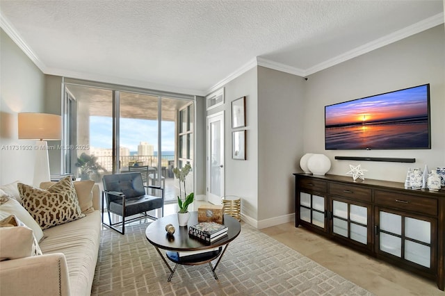 living room with expansive windows, crown molding, and a textured ceiling