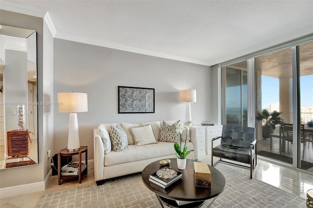 living room featuring crown molding, a wall of windows, and a textured ceiling