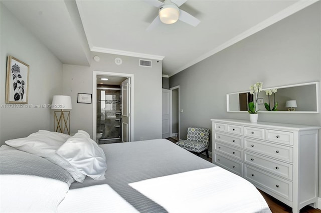 bedroom featuring crown molding, dark hardwood / wood-style floors, and ceiling fan