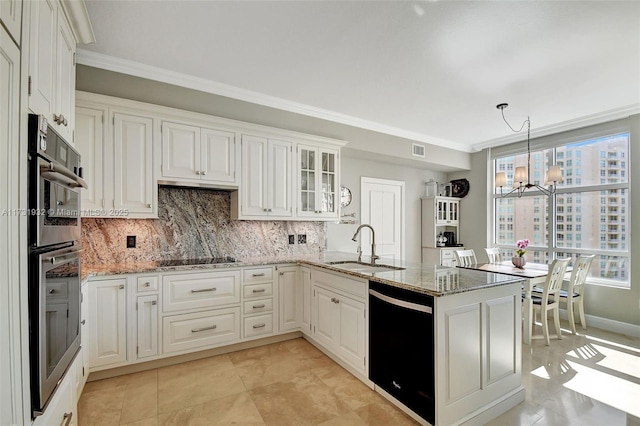 kitchen with sink, crown molding, black appliances, kitchen peninsula, and white cabinets