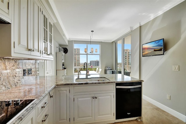 kitchen with sink, crown molding, backsplash, black appliances, and white cabinets