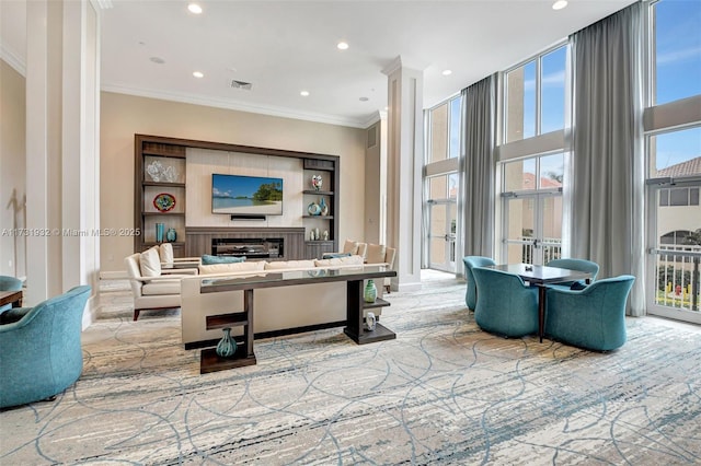 living room with crown molding