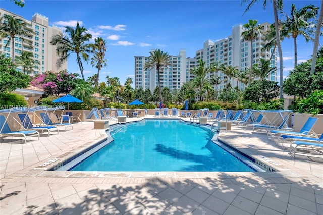 view of swimming pool featuring a patio