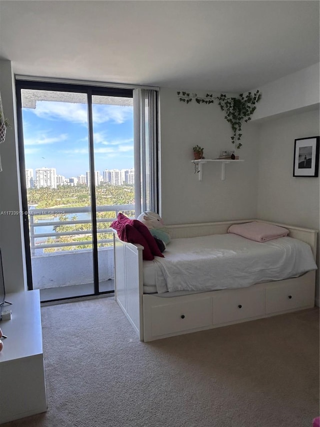 unfurnished bedroom with light colored carpet, access to exterior, and a wall of windows