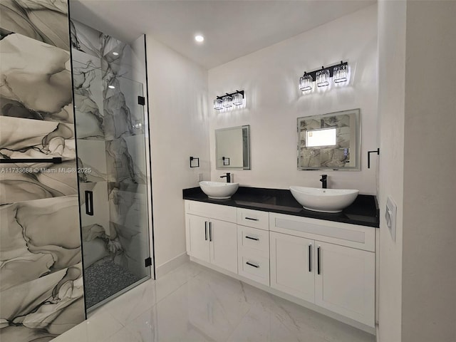 bathroom featuring vanity and walk in shower