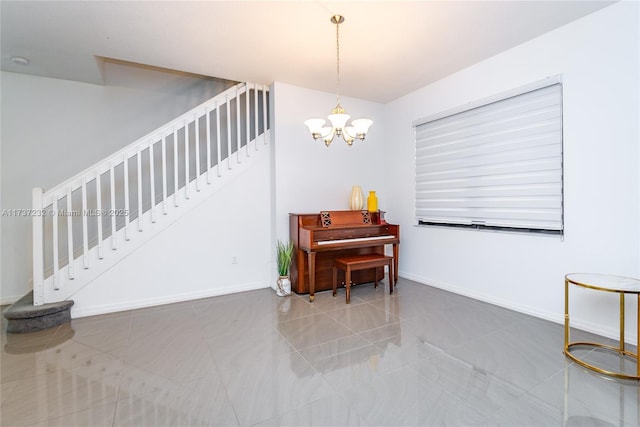 miscellaneous room with tile patterned flooring and a chandelier