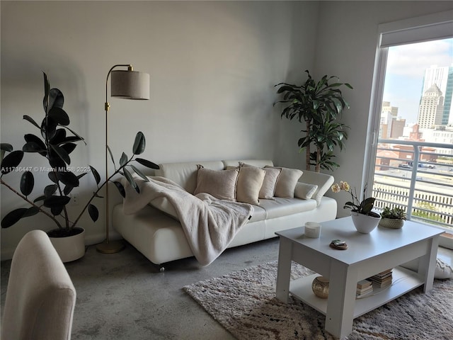 living area featuring a city view