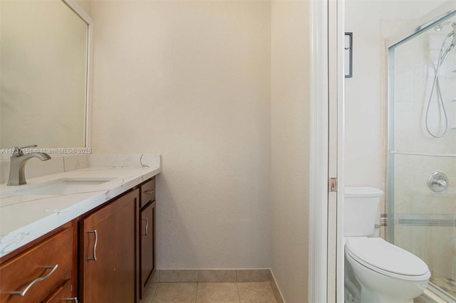 bathroom with vanity, tile patterned floors, toilet, and walk in shower