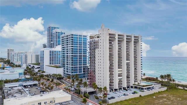 view of building exterior with a water view