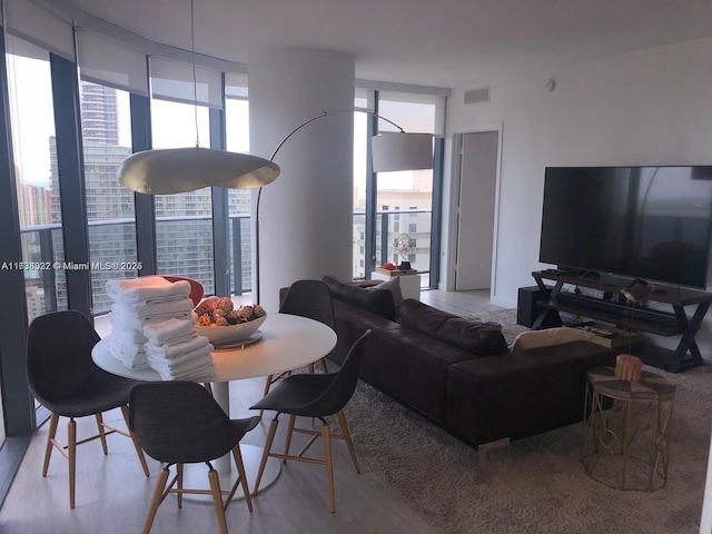 living room with a wall of windows and light wood-type flooring