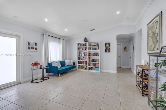 living area featuring crown molding, lofted ceiling, and light tile patterned flooring