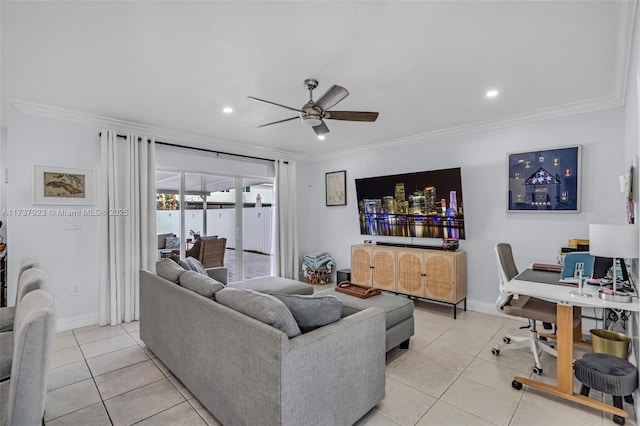 tiled living room featuring crown molding and ceiling fan