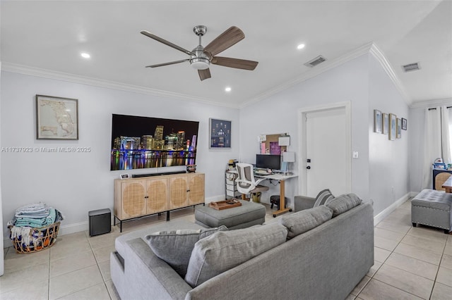 tiled living room with ornamental molding and ceiling fan