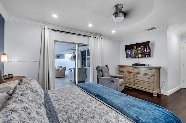 bedroom with crown molding, access to exterior, and dark hardwood / wood-style flooring