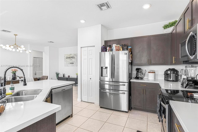 kitchen featuring dark brown cabinetry, decorative light fixtures, stainless steel appliances, light countertops, and a sink