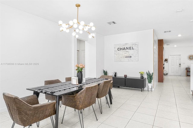 dining area with light tile patterned flooring, visible vents, and a notable chandelier