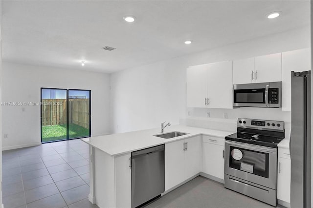 kitchen featuring stainless steel appliances, sink, white cabinets, and kitchen peninsula