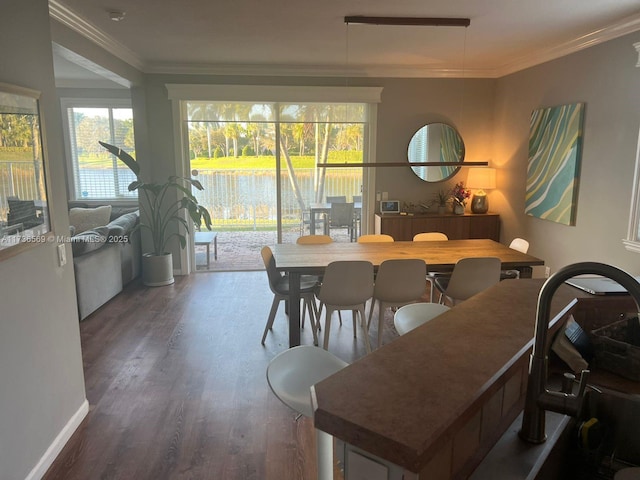 dining room featuring crown molding, plenty of natural light, and hardwood / wood-style floors