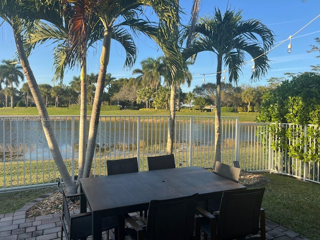 view of patio / terrace featuring a water view