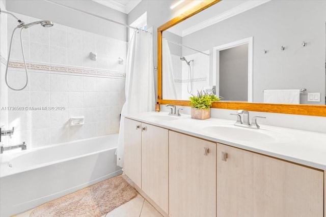 bathroom featuring crown molding, tile patterned flooring, a sink, and shower / bath combo