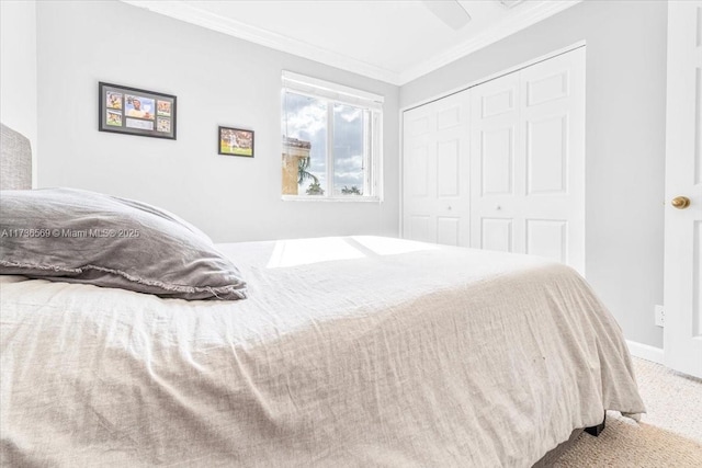 bedroom with carpet floors, a ceiling fan, ornamental molding, and a closet