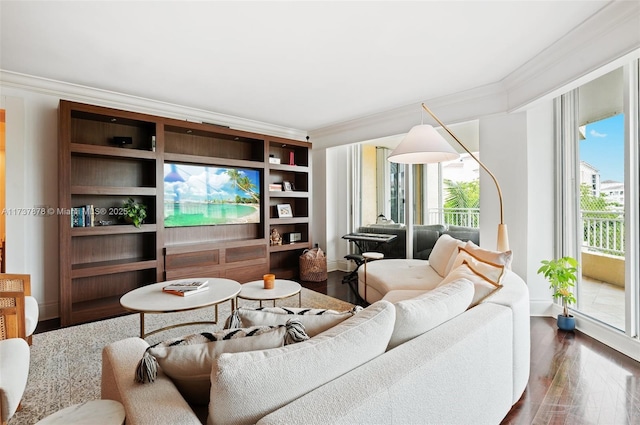 living room featuring dark wood finished floors, a healthy amount of sunlight, and crown molding