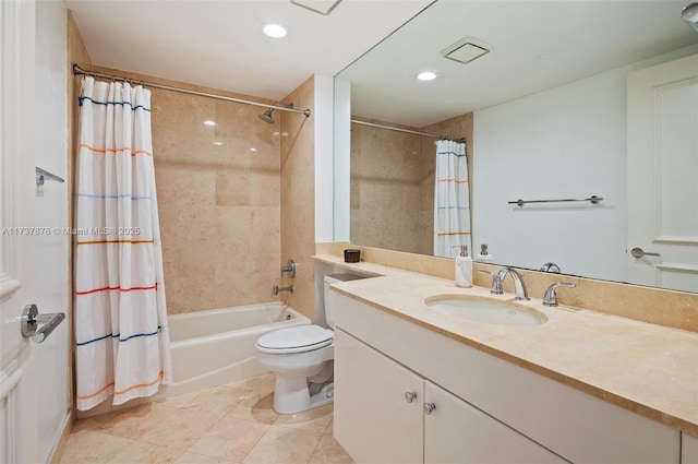 bathroom featuring visible vents, toilet, shower / tub combo with curtain, tile patterned floors, and vanity