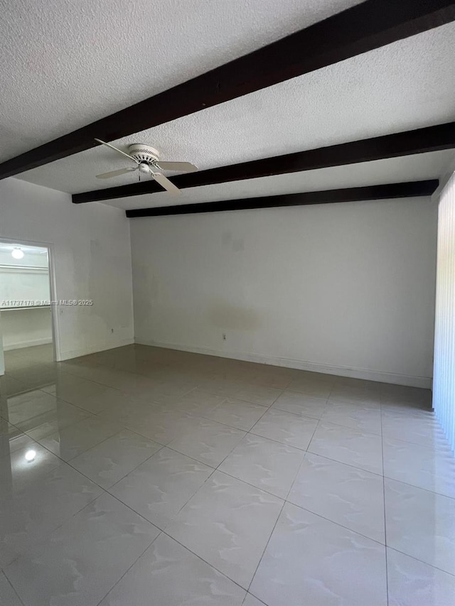 unfurnished room with beam ceiling and a textured ceiling