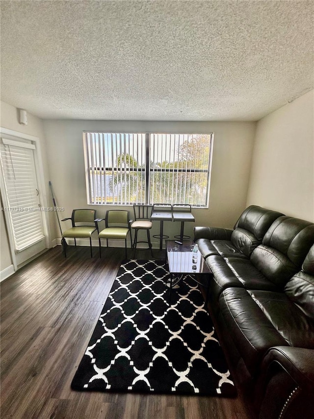 living room with dark hardwood / wood-style flooring and a textured ceiling