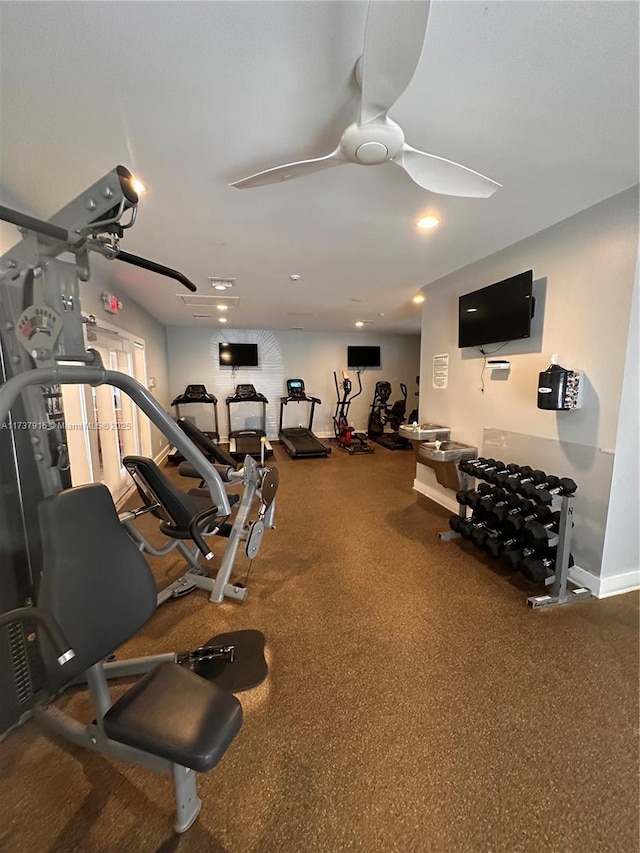 workout area with ceiling fan