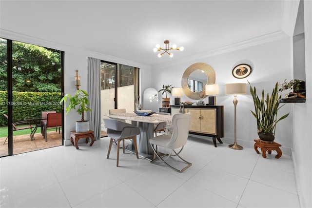 dining room with light tile patterned floors, crown molding, a wall of windows, and a chandelier