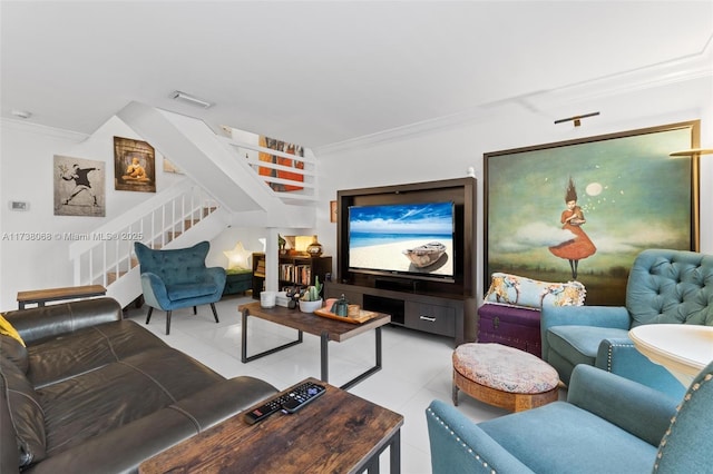 living room with ornamental molding