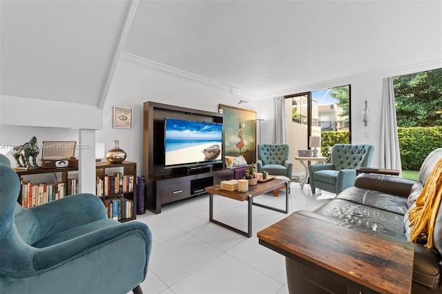 tiled living room with ornamental molding