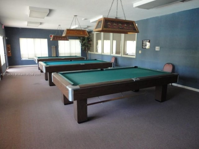 rec room with carpet flooring and pool table