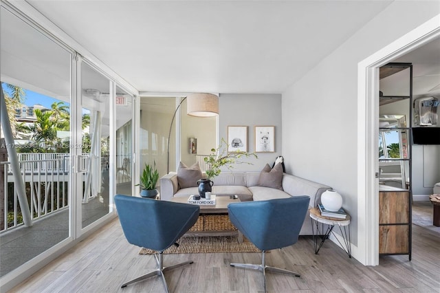 living room featuring floor to ceiling windows and light hardwood / wood-style floors