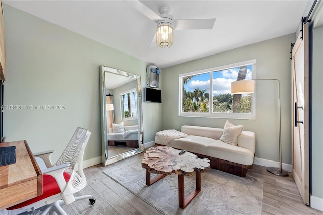 home office featuring a barn door, ceiling fan, and light wood-type flooring