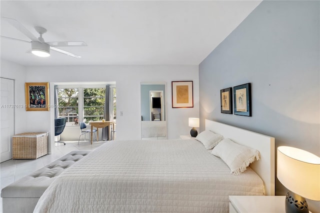 bedroom featuring light tile patterned floors and ceiling fan