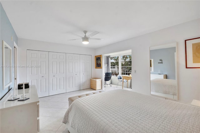 tiled bedroom featuring ceiling fan and a closet