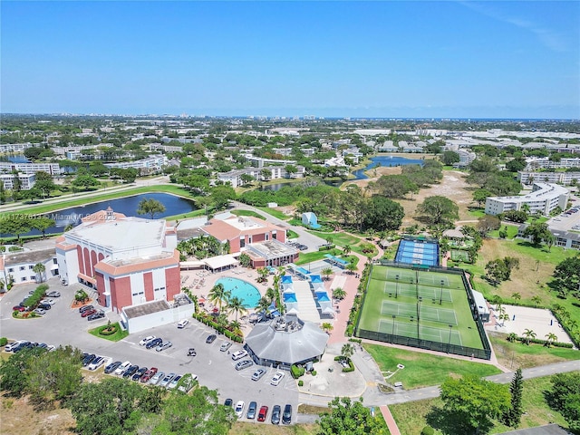 aerial view featuring a water view